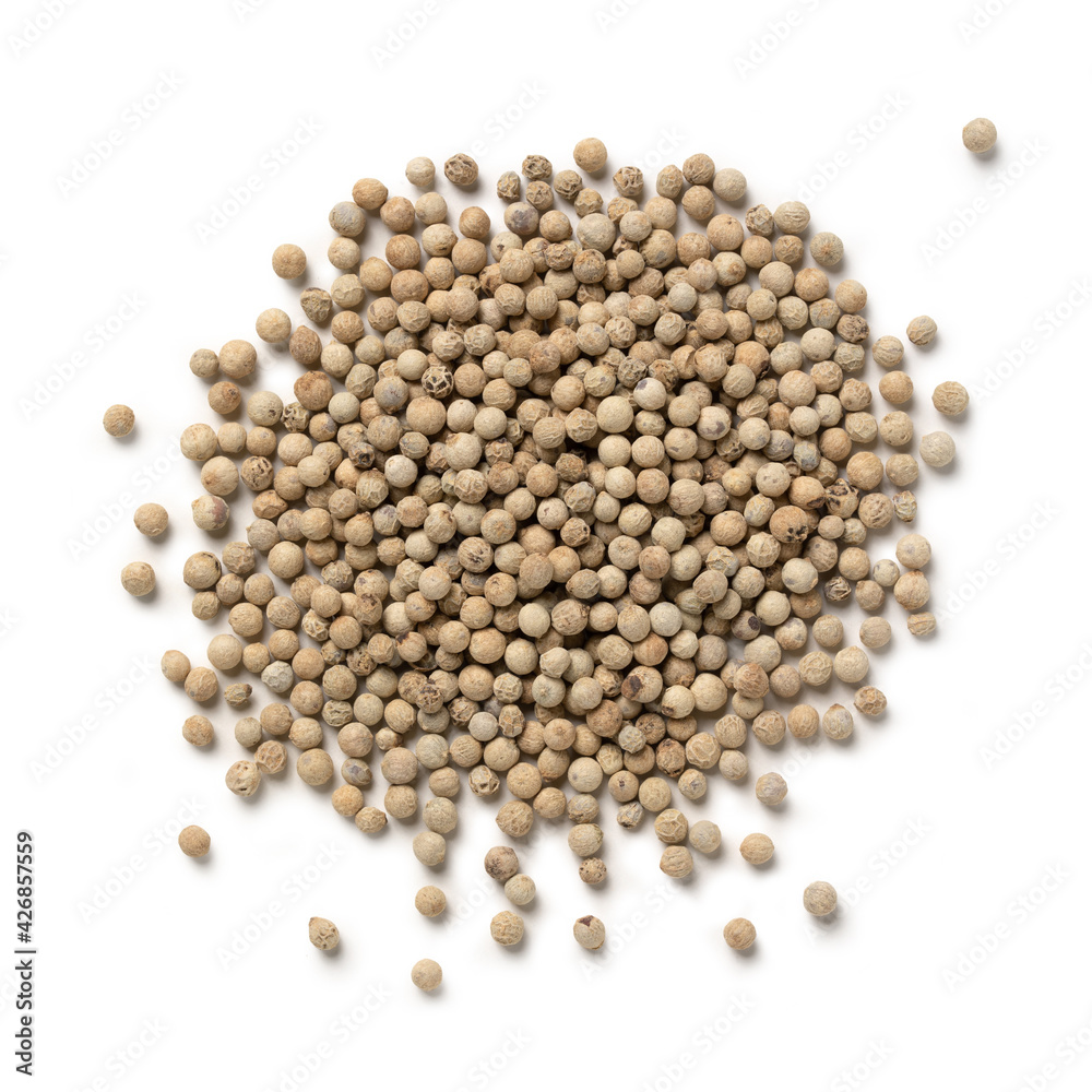 White Peppercorn – Heap of Pepper Plant Seeds from Retting, Asian Cuisine, Portuguese Cuisine Ingredient – Top View, Close-Up Macro, from Above – Isolated on White Background White Peppercorn – Heap of Pepper Plant Seeds from Retting, Asian Cuisine, Portuguese Cuisine Ingredient – Top View, Close-Up Macro, from Above – Isolated on White Background