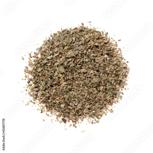Sage – Crushed and Dried Leaves, Heap of Broken Leaf, Condiment Aroma – Top View, Close-Up Macro, from Above – Isolated on White Background