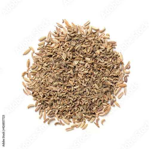 Fennel Seeds – Heap of Oriental Aromatic Condiment Aroma – Top View, Close-Up Macro, from Above – Isolated on White Background
