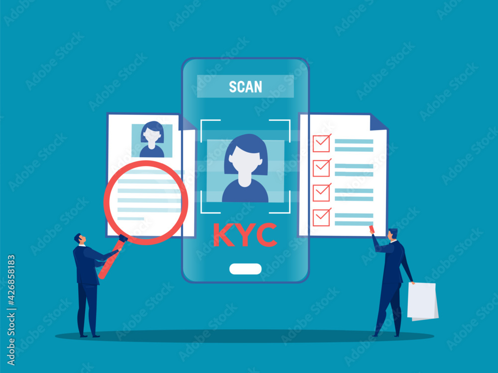 KYC or know your customer with business verifying the identity of its clients concept at the partners-to-be through a magnifying glass vector illustrator