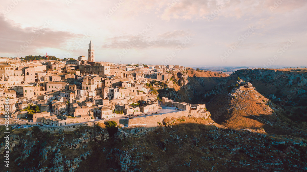 Overview of the whole city of Matera at dawn