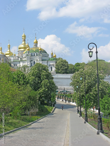 Blizhnepechernaya street overlooking the church of Saints Anthony and Theodosius. Holy Dormition Kiev-Pecherskaya Lavra. Kiev, Ukraine photo