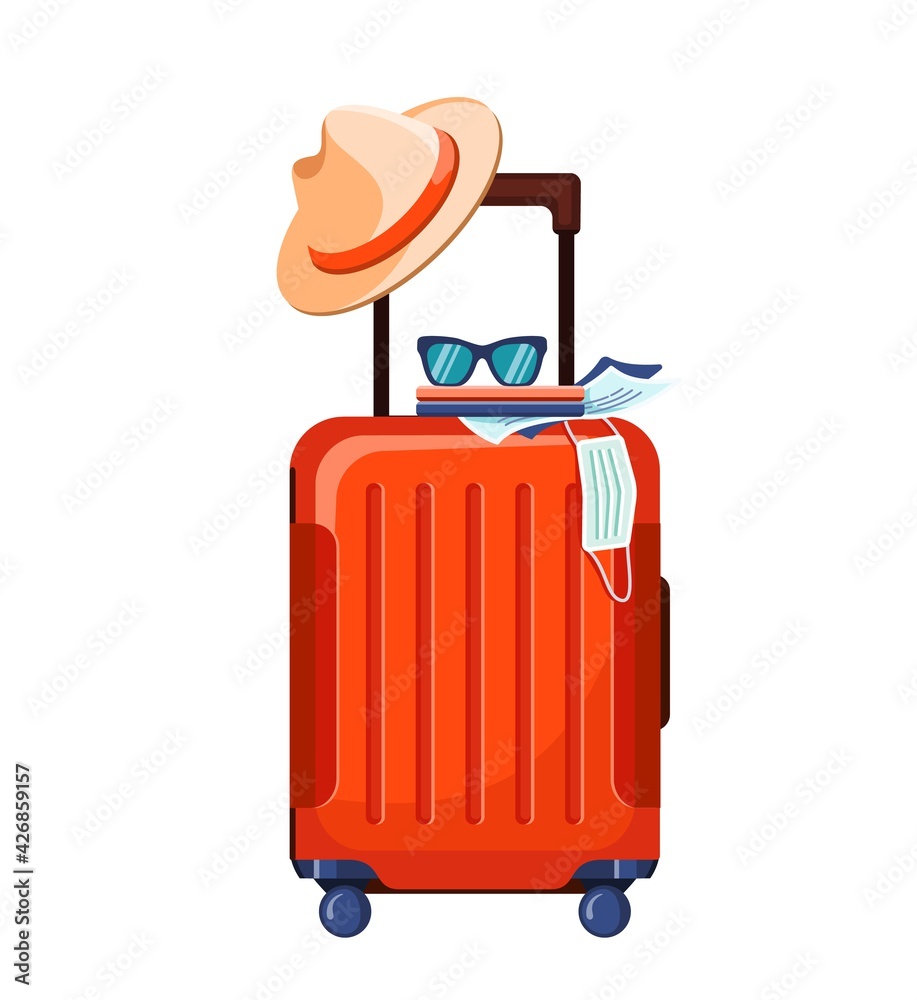 Travel safety and new normal. Red suitcase with hat, sunglasses and medical face mask isolated on white background. Poster, banner. Travel with coronavirus. Travel safety and new normal. Red suitcase with hat, sunglasses and medical face mask isolated on white background. Poster, banner. Travel with coronavirus.