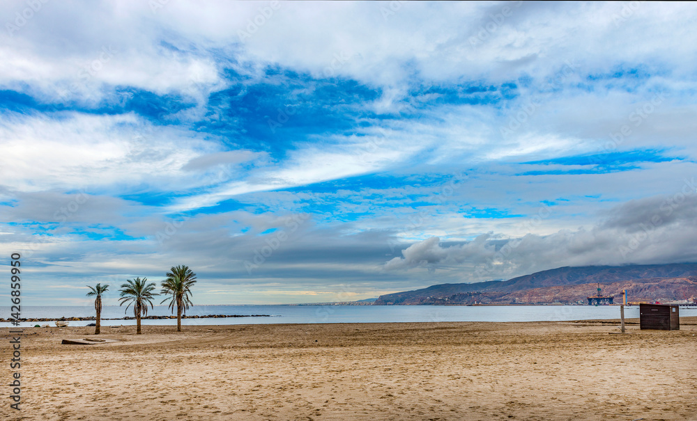 Looking over Beach towards Almeria City, Andalusia, Spain