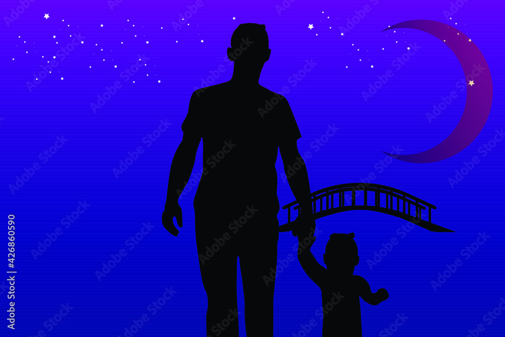 father  with  son Silhouette look  at moon in night time vector design