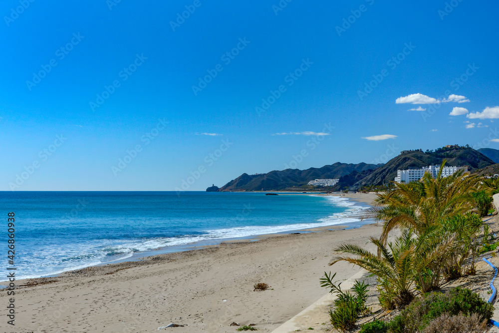 View of Mojacar Beach, Mojacar, Almeria, Andalusia, Spain