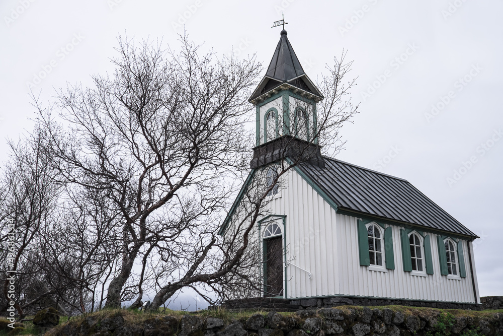 Thingvellir Church in Iceland. Characteristic construction for churches in Iceland