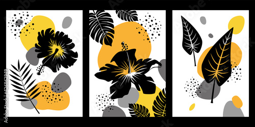 Botanical illustration with Hawaiian flowers and leaves on an abstract background. Contemporary art for prints and banners  flyers.