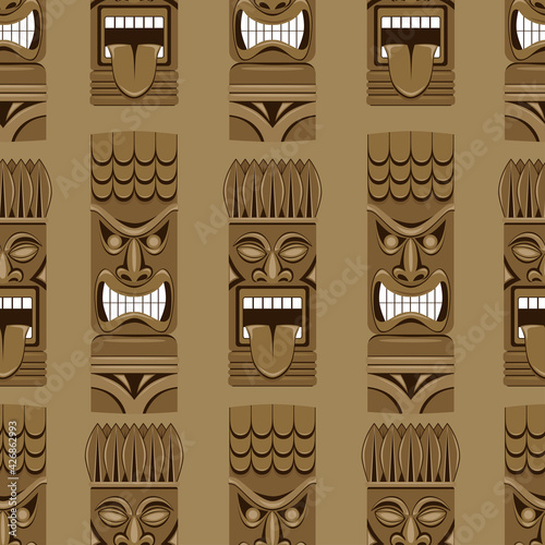 Seamless texture with the image of Hawaiian tiki statues. Design for print, paper, flyer, banner.