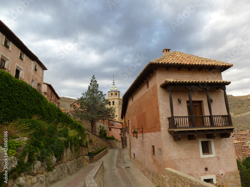 Typical street of Albarracin, Teruel, Spain, in a cloudy day