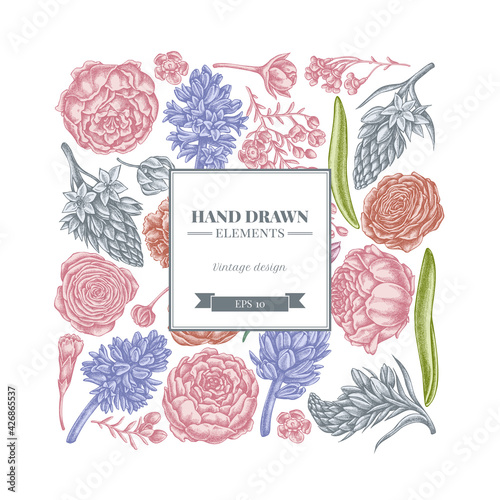 Square floral design with pastel peony, carnation, ranunculus, wax flower, ornithogalum, hyacinth