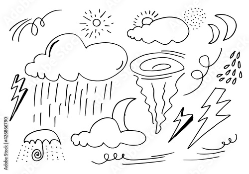 Vector set of hand drawn icons for mobile weather forecast application. Wind, rain, thunderstorm, downpour, hurricane, sun, crescent, clouds. Meteorologic theme