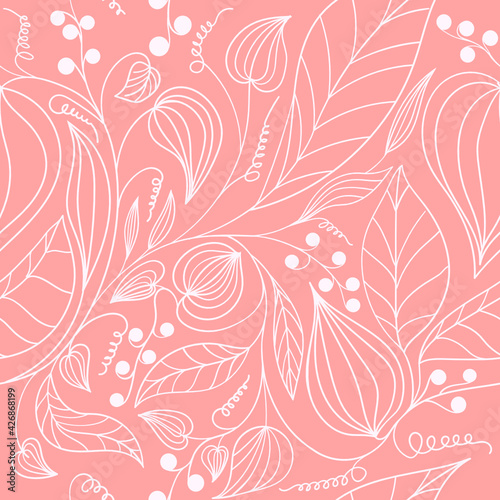 Seamless pattern of plants drawn by line on a pink background.