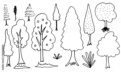 doodle park forest conifer abstract silhouettes outlined trees in black color collection set