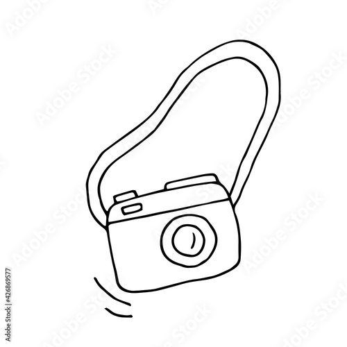 Camera. Photo. Doodle. Vector. Hand-drawn illustration. Silhouette. Black and white outline. Coloring.