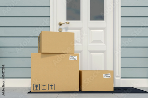 фотографія Close-up cardboard parcel boxes near entrance door