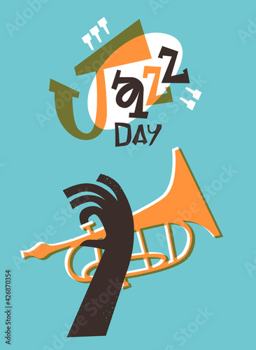 Jazz Day retro trumpet music band cartoon card