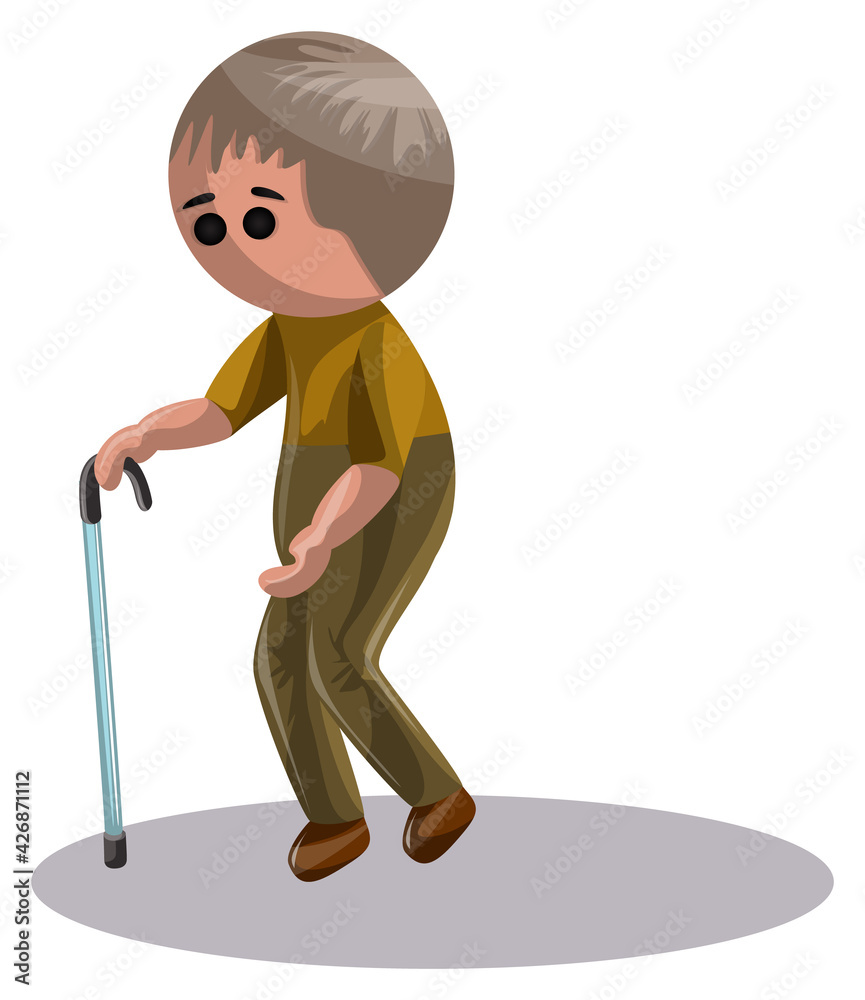 Vector image of a middle-aged man leaning on a cane while walking. Isolated over white background. EPS 10