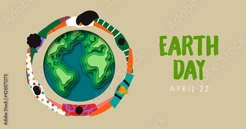 Earth Day people friend hug paper cut banner