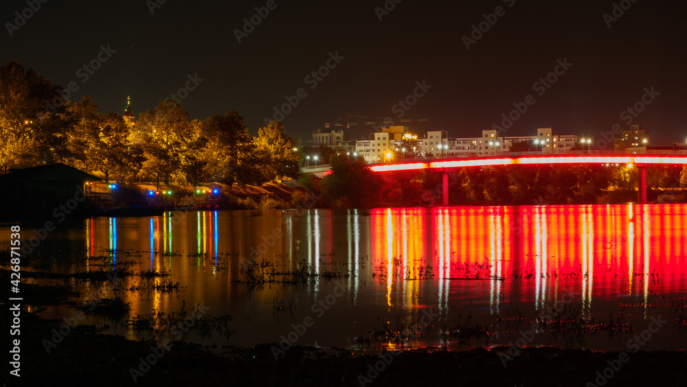 Night view of the colored bridge in Tiraspol, Transnistria (Moldova)