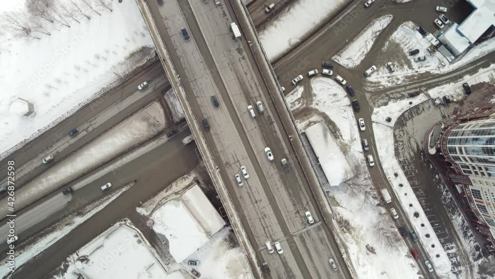 Car estockada with broken roads. Novosibirsk roads in Russia. Aerial photography of the winter city Car estockada with broken roads. Novosibirsk roads in Russia. Aerial photography of the winter city