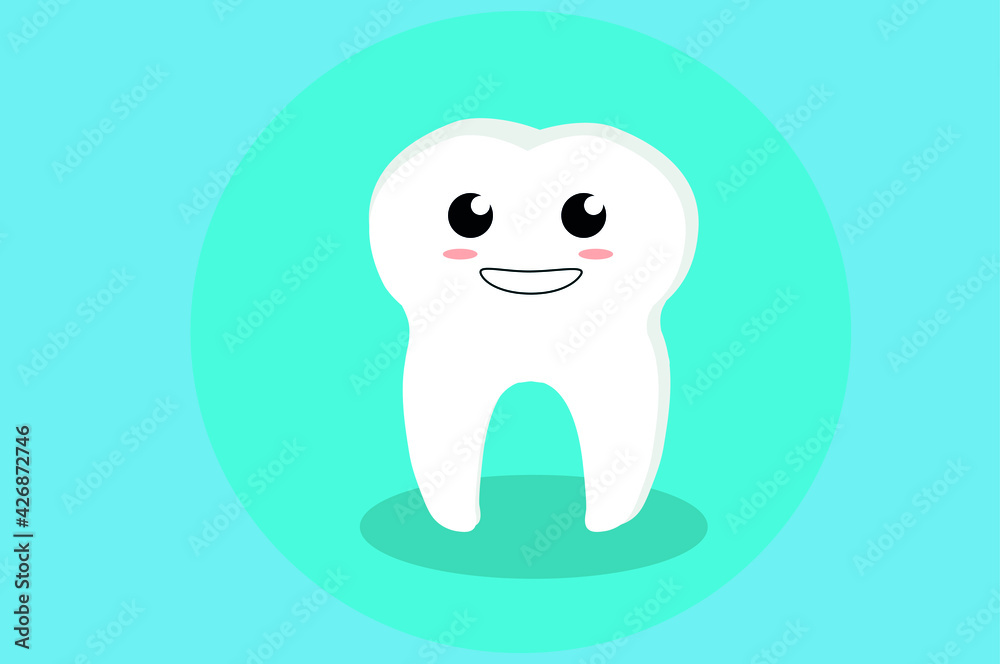 One cute tooth with a smile and eyes, cartoon character on a blue background with a shadow. Oral hygiene concept, dental treatment. vector and logo for design. mockup One cute tooth with a smile and eyes, cartoon character on a blue background with a shadow. Oral hygiene concept, dental treatment. vector and logo for design. mockup