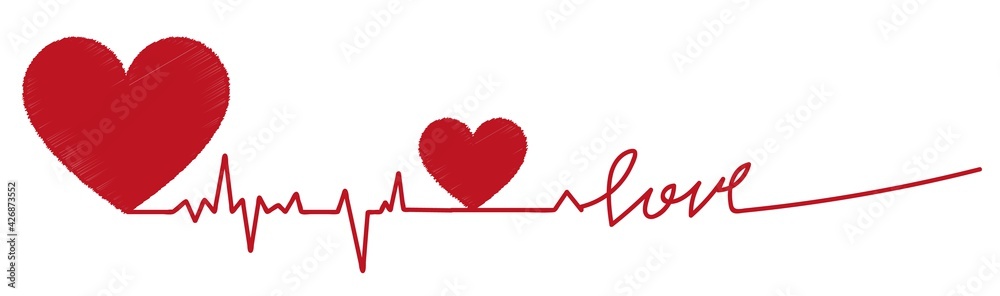 Heartbeat cardiogram with heart on it. Pulse line of cardiology. Curve of healthy beat. Vector medicine diagnosis. Life rhytm of love illustration. Cardiograph frequency on monitor. Cardiac care ecg