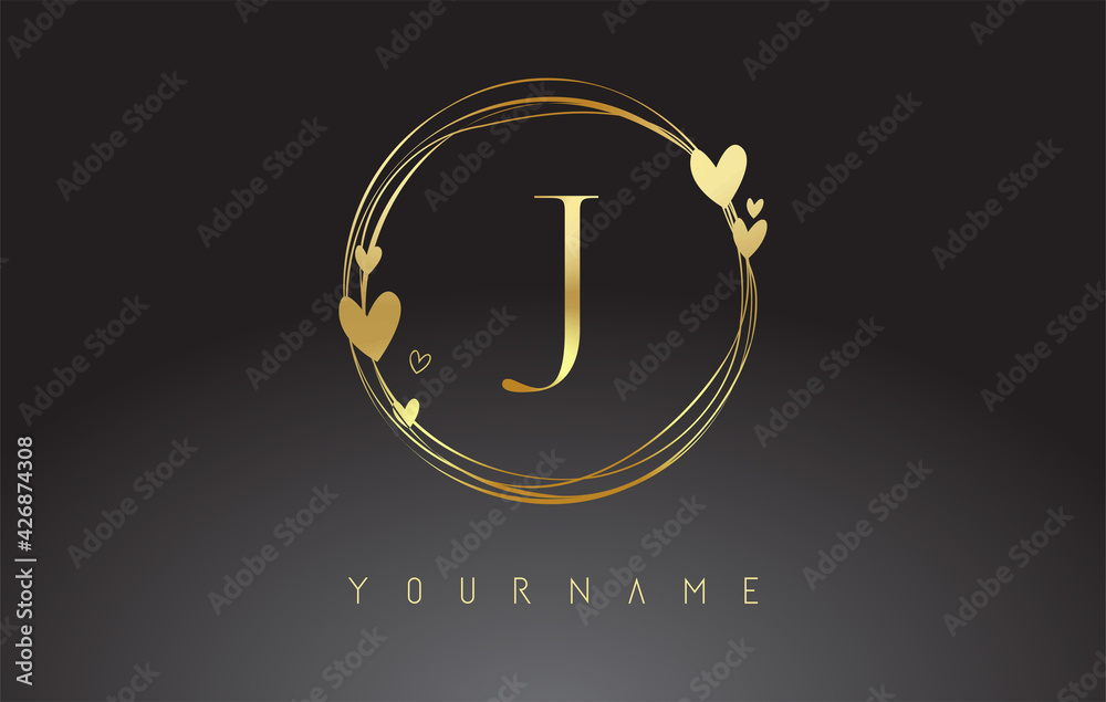 Letter J Logo with golden circle frames and golden hearts. Letter J Logo with golden circle frames and golden hearts.