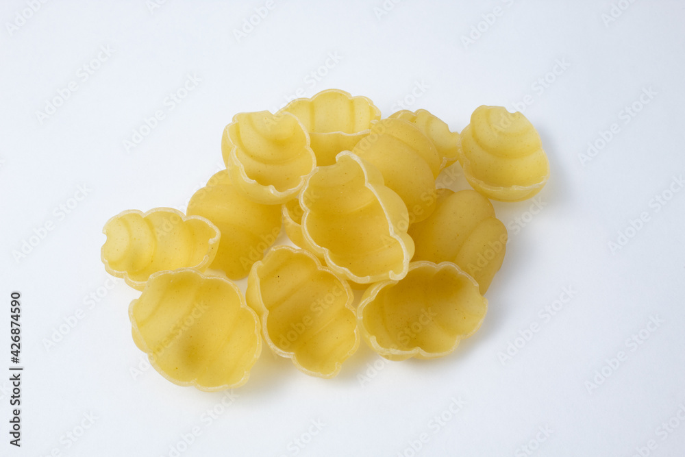 Group of raw gnocchi or conchiglione pasta. Uncooked ingredient of Italian food isolated on white background Group of raw gnocchi or conchiglione pasta. Uncooked ingredient of Italian food isolated on white background