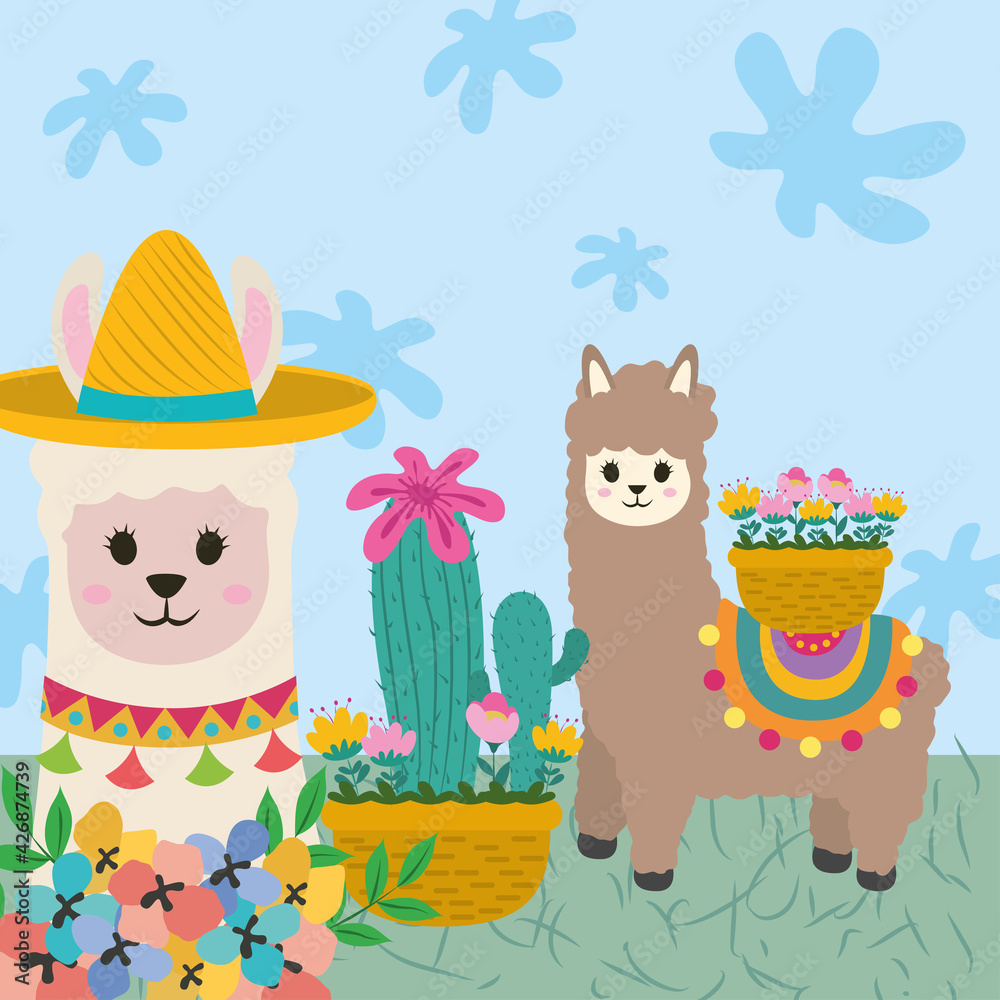 Naklejka premium cute llamas cactus