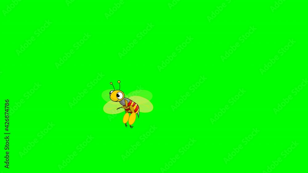 Bee flying. 2d loop animation. Toon character flaps his wings in and out of the scene. Wavy route. Transparent winged bug collecting pollen. Green screen background video. Bee flying. 2d loop animation. Toon character flaps his wings in and out of the scene. Wavy route. Transparent winged bug collecting pollen. Green screen background video.