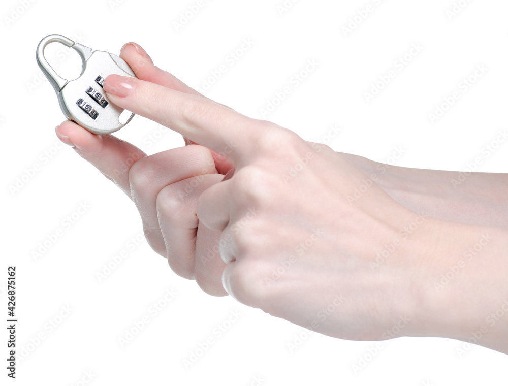 Combination padlock coded in hand on white background isolation Combination padlock coded in hand on white background isolation