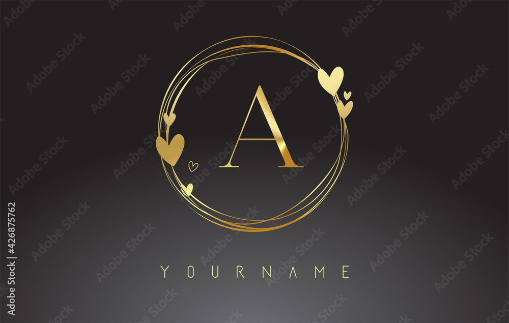 Letter A Logo with golden circle frames and golden hearts. Stock Vector ...