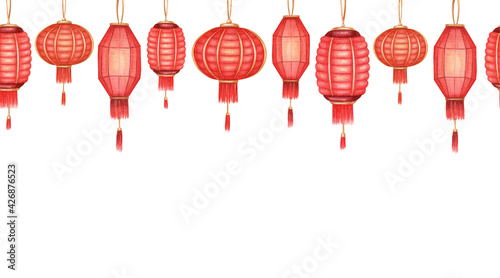 Hand drawn seamless pattern. Watercolor endless chinese texture. Many laterns on white background. Traditional chinese ornament for your design.