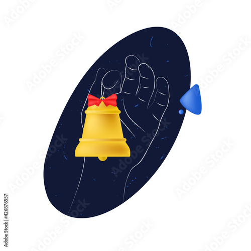 Vector drawn illustration with mixed 3d and linear style. An isolated hand holding vintage Christmas tree toy is depicted. Concept decorating and preparing for New Year, Christmas, family traditions.
