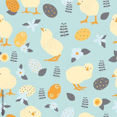 Easter seamless pattern with yellow chicks, orange eggs and flowers. Vector illustration. Blue farm, agriculture background.