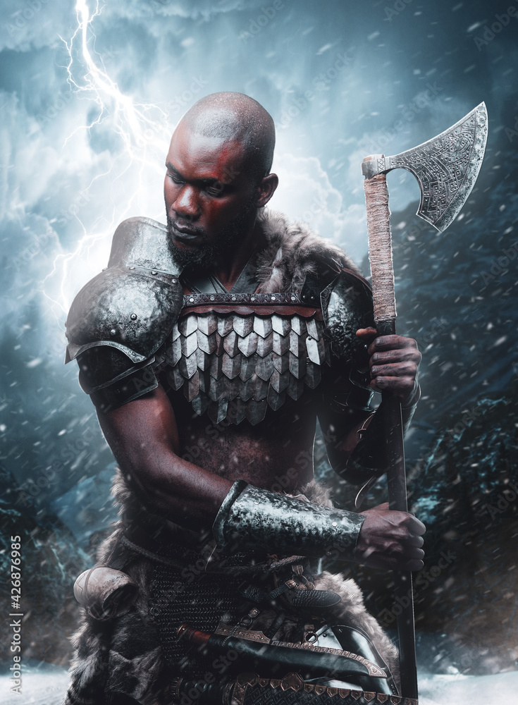 Digital art of a scandinavian black skinned warrior with axe in blizzard Digital art of a scandinavian black skinned warrior with axe in blizzard