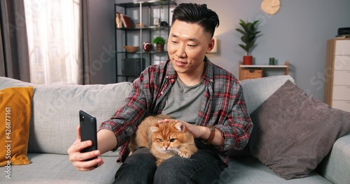 Portrait of handsome caring Asian man sitting on sofa in cozy living room and stroking lovely fluffy cat with hand while reading book. Relaxed cute animal pet in owner's arms, pet lover, leisure hobby