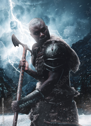 Digital art of a scandinavian black skinned warrior with axe in blizzard