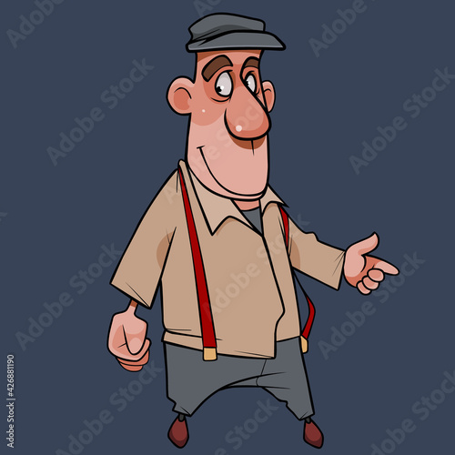 flirty cartoon man wearing cap and clothes with red suspenders