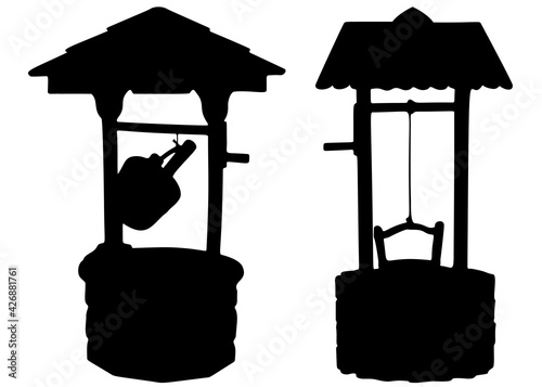 Wells with a bucket included. Vector image.