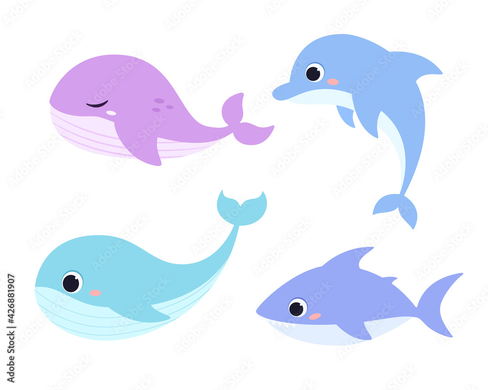 Vector set of simple ocean animals. Cute whale, shark, dolphin in a flat style. Isolated on a white background.
