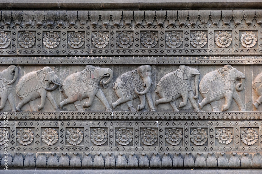 Maheshwar, India - March 2021: Detail of the cenotaph of Fort Ahilya in Maheshwar on March 16, 2021 in Madhya Pradesh, India.