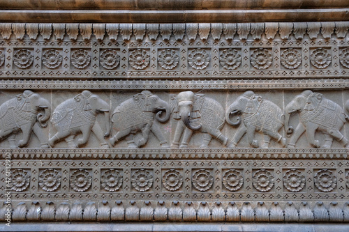 Maheshwar, India - March 2021: Detail of the cenotaph of Fort Ahilya in Maheshwar on March 16, 2021 in Madhya Pradesh, India.