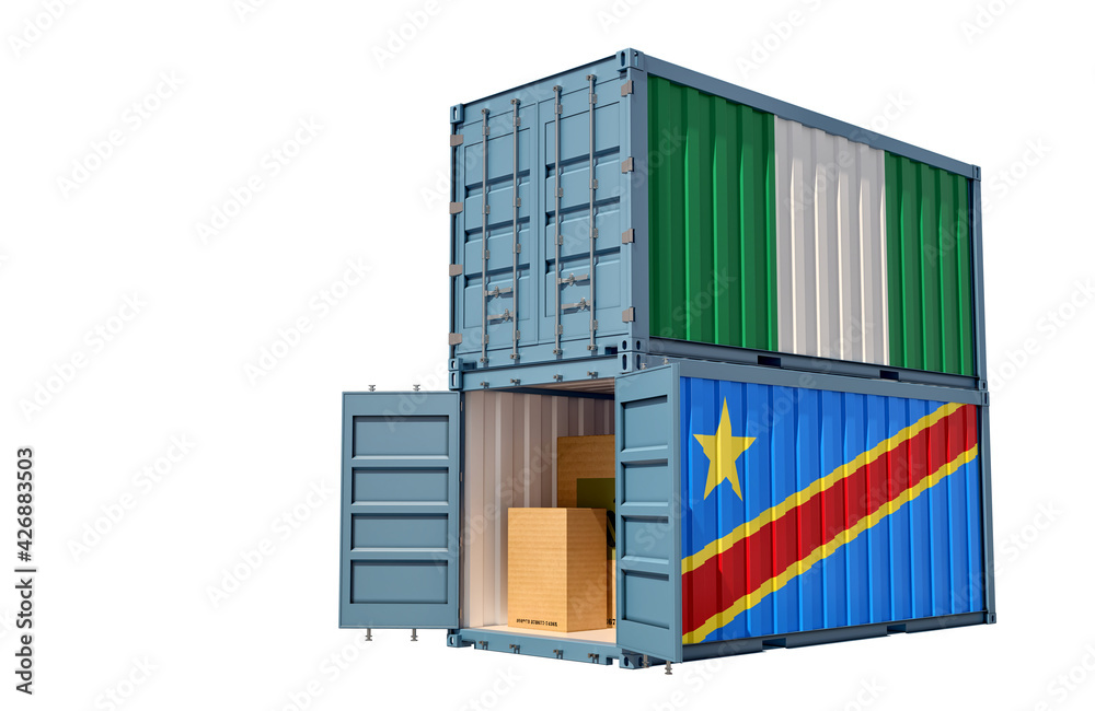 Fototapeta premium Freight containers with Democratic Republic of the Kongo and Nigeria national flags. 3D Rendering 