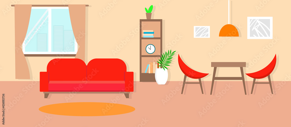 Living room with coach, table and chairs. Flat style. Vector stock illustration for card or poster