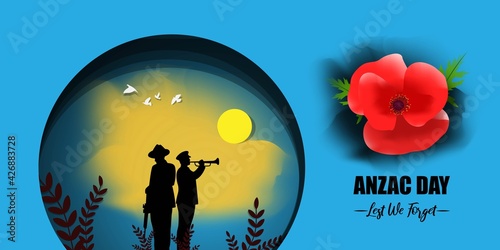 Vector illustration concept of Anzac Day with poppy flowers. 25 April. National remembrance day in Australia and New Zealand.