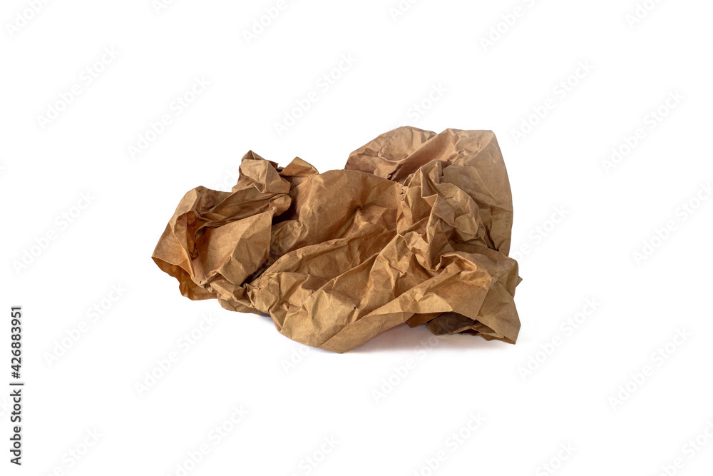 Crumpled brown paper on a white background.