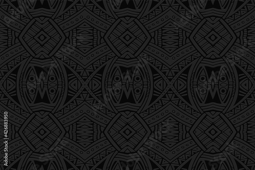 Geometric volumetric convex black background. Ethnic African, Mexican, Indian motives. Doodling style. 3D relief colorful national pattern.