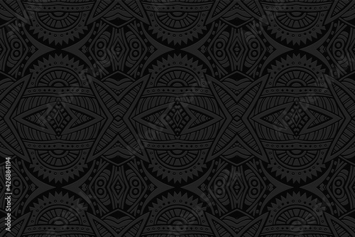 Geometric volumetric convex black background. Ethnic African, Mexican, Indian motives. Doodling style. 3d embossed graceful fashion pattern